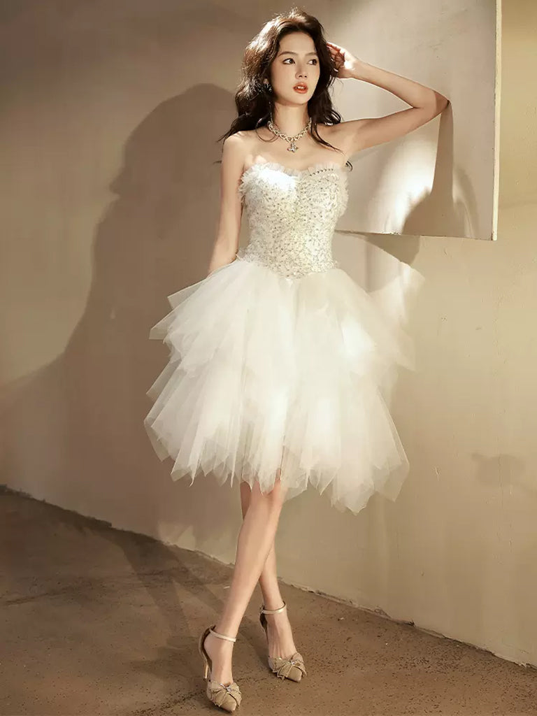 Asymmetrical Strapless Adorable White Homecoming Dress