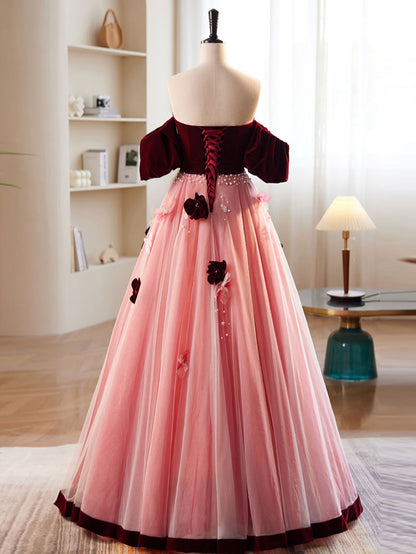 Sweet Occasion Peach Pink Off The Shoulder A-line Prom Dress - DollyGown