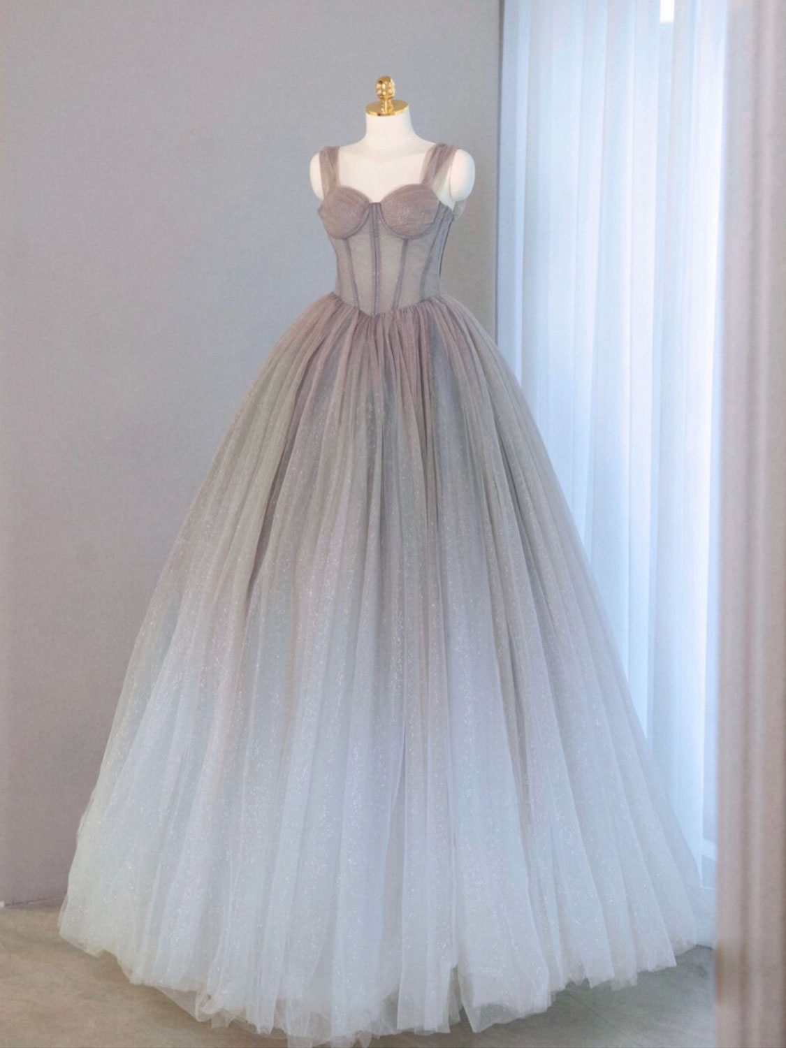 Ombre Grey Tull Sheer Ball Gown Corset Prom Dress - DollyGown