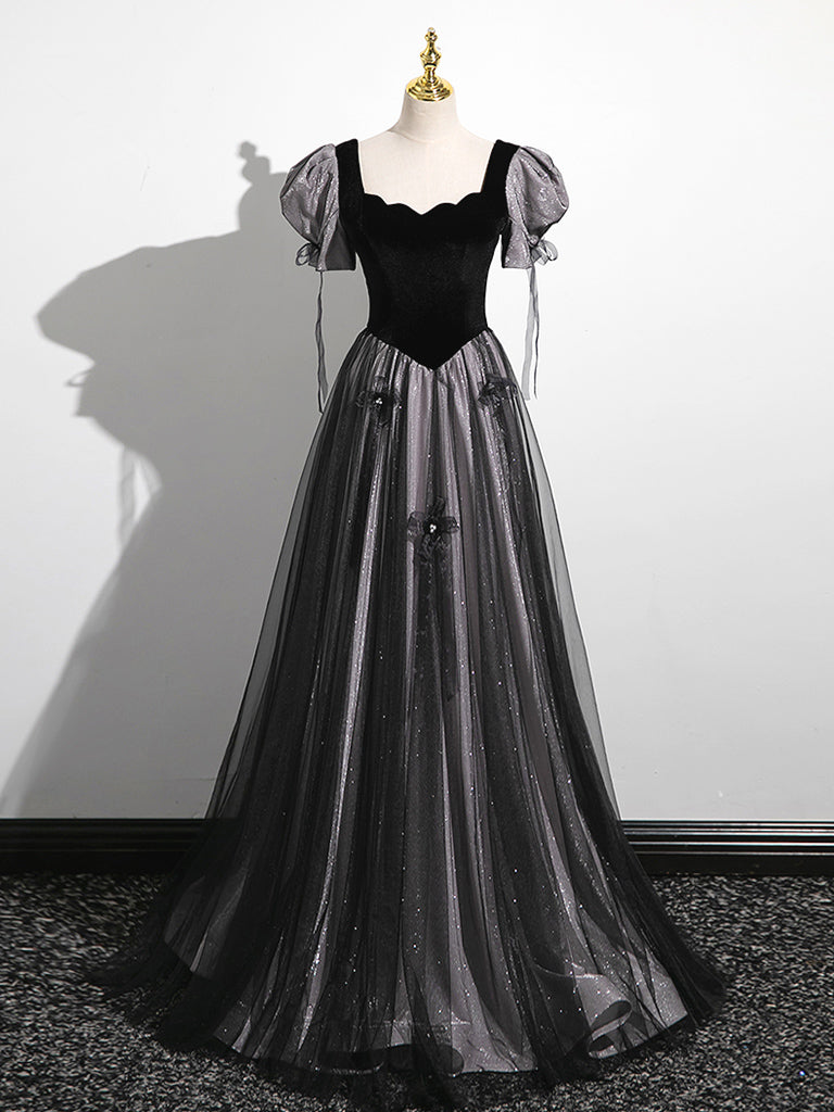 Drop Waist Black Long Ball Gown Prom Dress with Bubble Short Sleeves Drop Waist Black Long Ball Gown Prom Dress with Bubble Short Sleeves