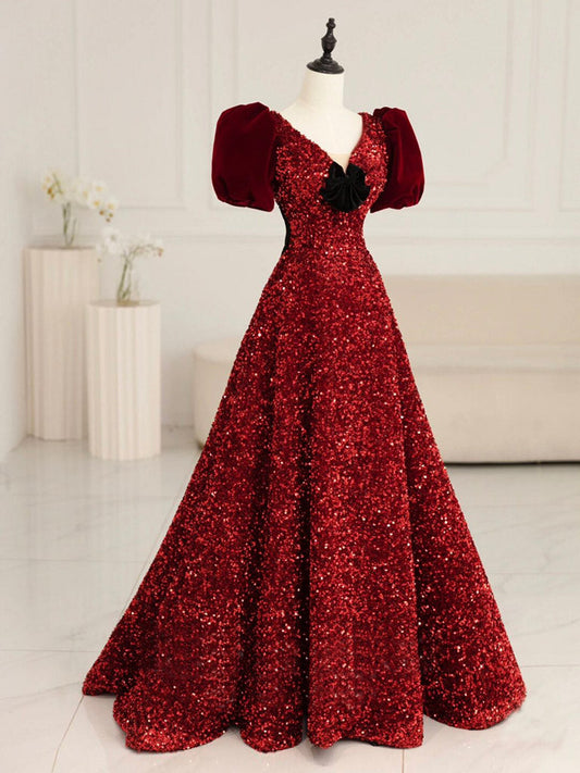 V-neck Burgundy Sequins A-line Prom Dress with Bubble Sleeves - DollyGown