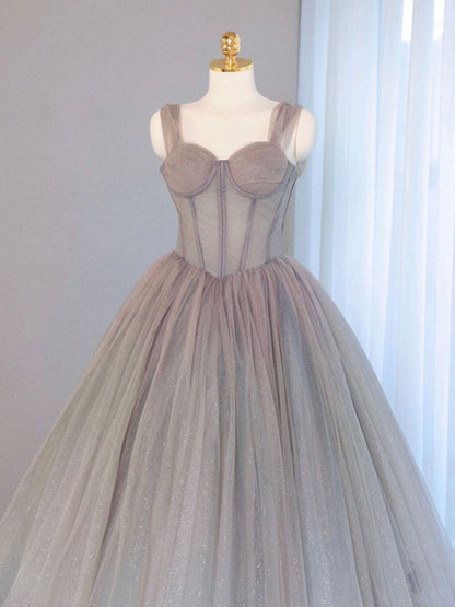 Ombre Grey Tull Sheer Ball Gown Corset Prom Dress - DollyGown