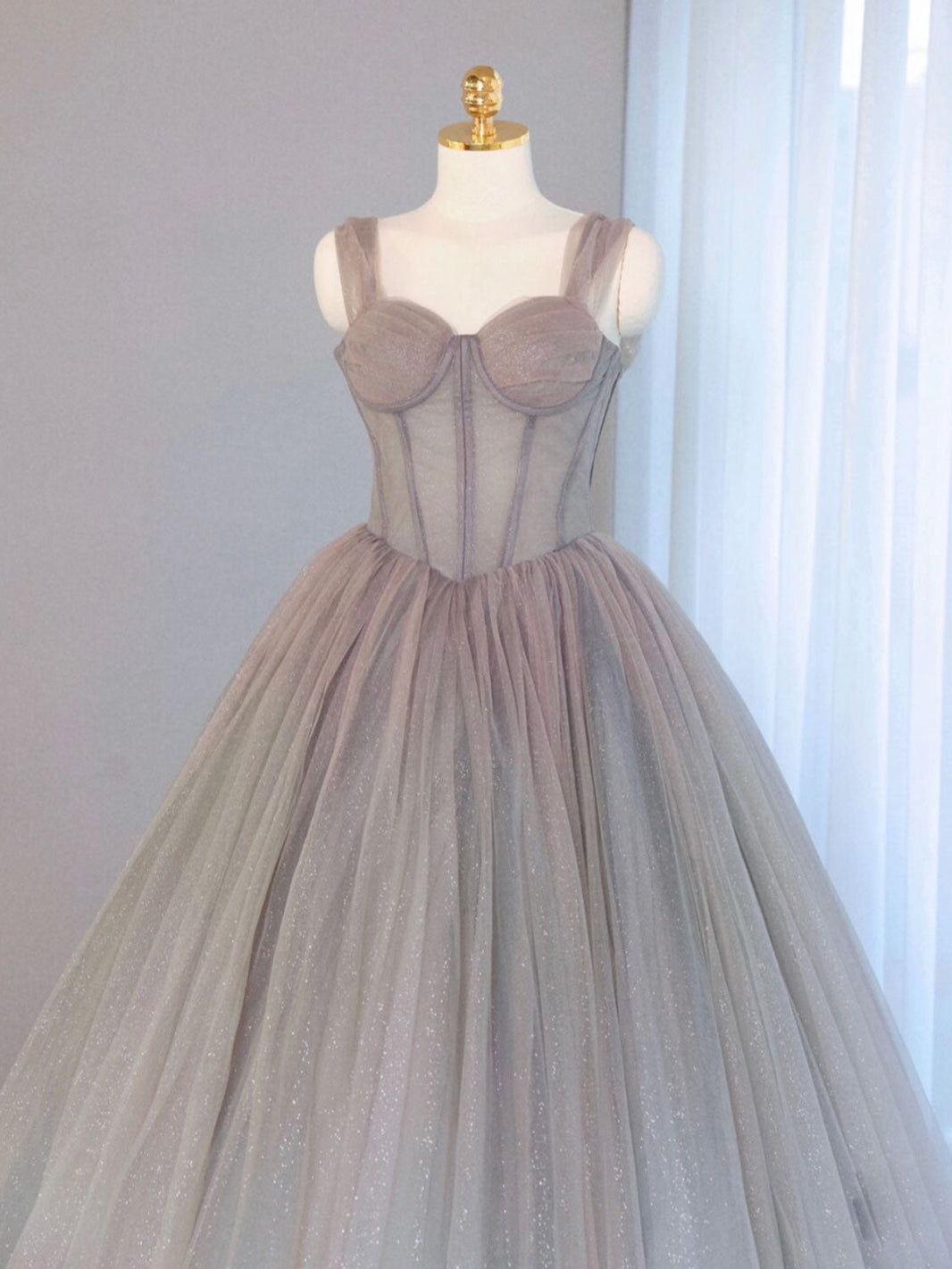dove grey prom dress Mermaid Deep V-Neck Sweep Train Grey Tulle Prom Dress US6 / Custom Color
