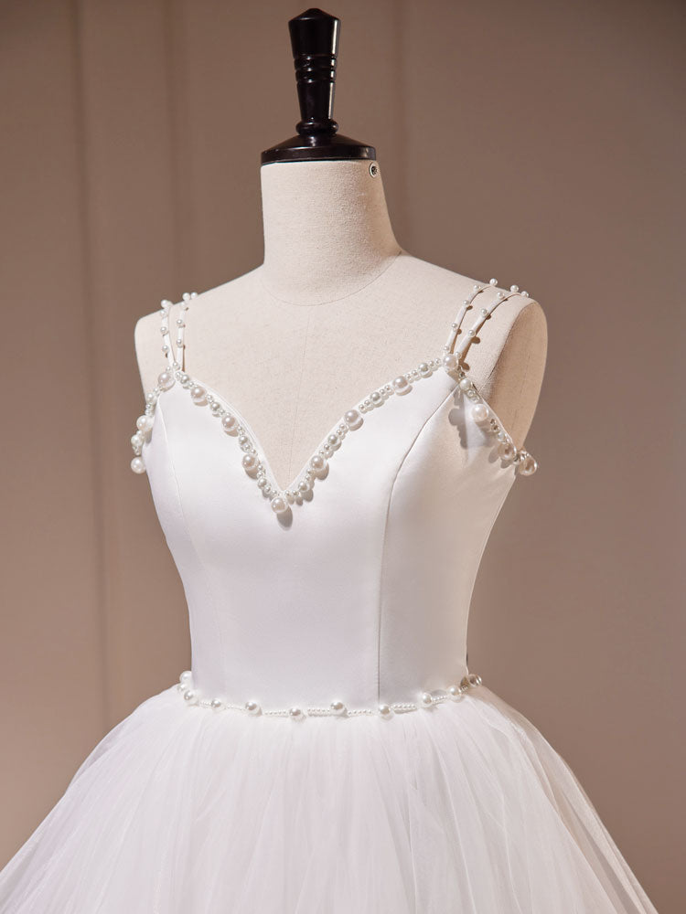 Bead Spaghetti Straps Tiered A-line White Prom Dress - DollyGown