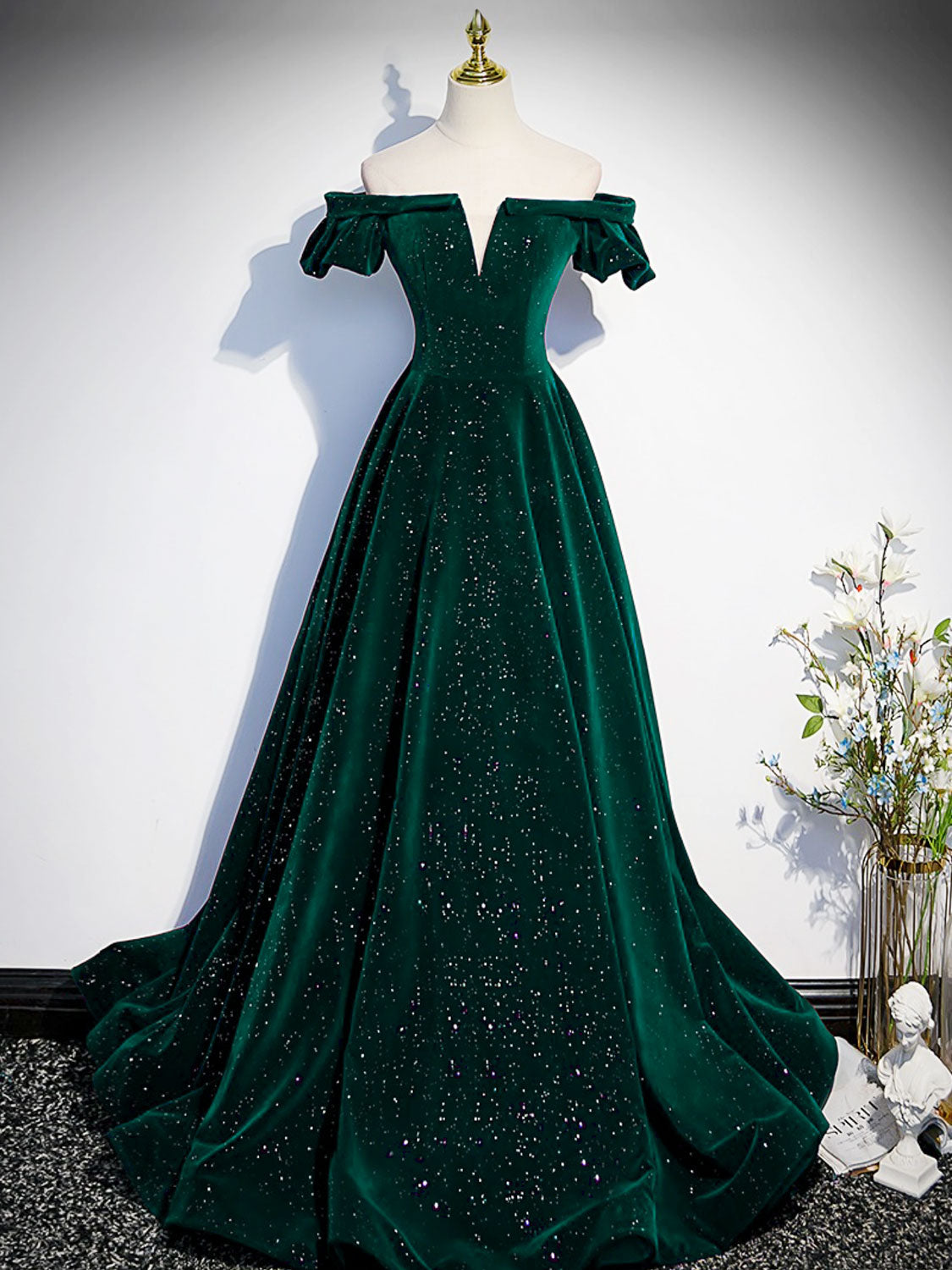 Classic Off the Shoulder Emerald Green Velvet Prom Dress Graduation Dress - DollyGown