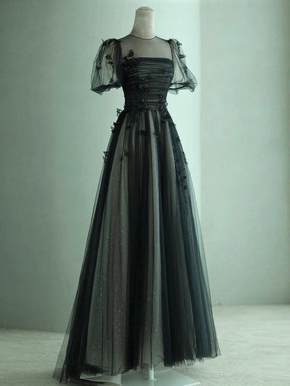 Flowy Black Tulle A-line Prom Dress with Short Bubble Sleeves - DollyGown