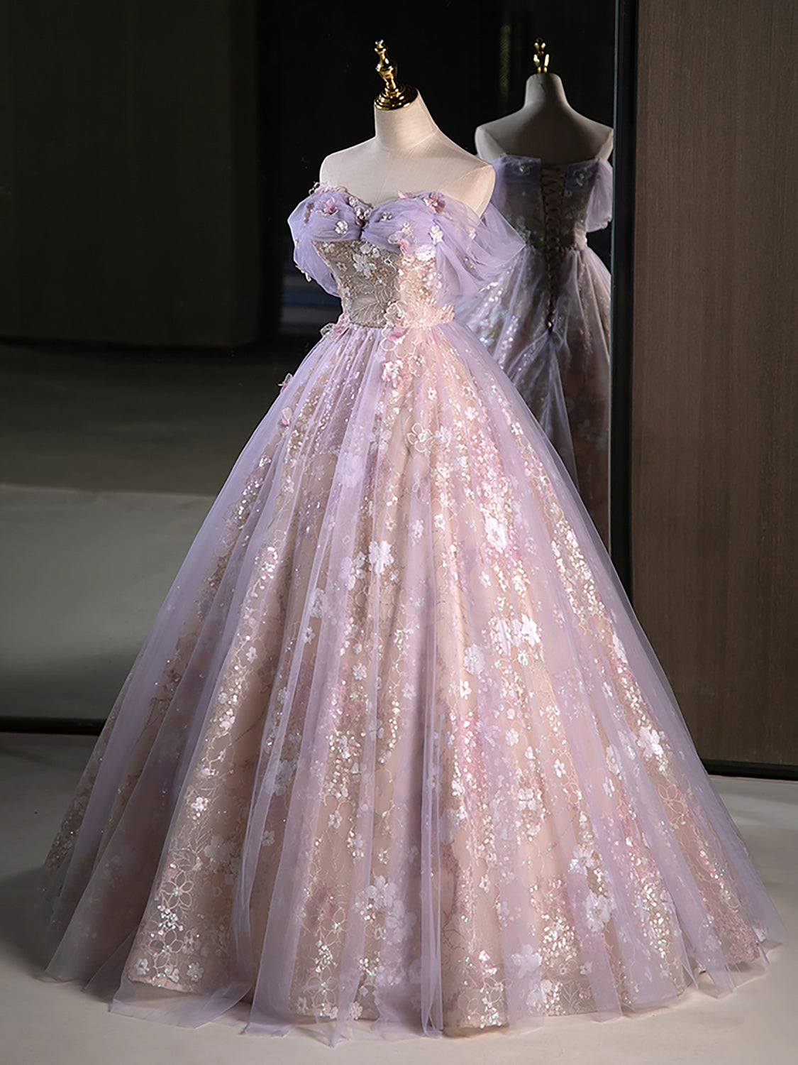 Delicate Floral Lace Off The Shoulder Ball Gown Illusion Prom Dress - DollyGown