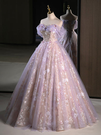 Delicate Floral Lace Off The Shoulder Ball Gown Illusion Prom Dress - DollyGown