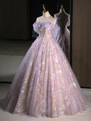 Delicate Floral Lace Off The Shoulder Ball Gown Illusion Prom Dress - DollyGown