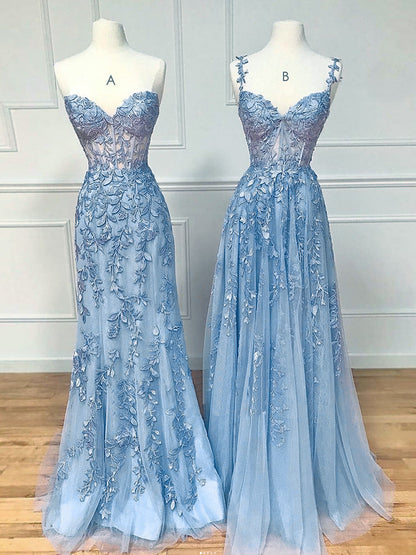 Dusty Blue See Through Sheer Lace Prom Dress - DollyGown