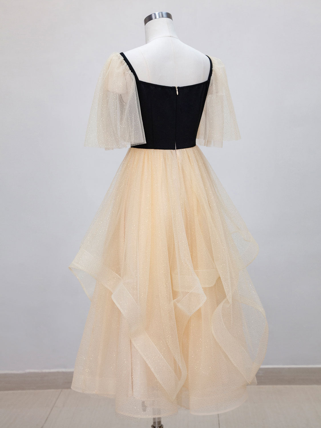 Black Top Champagne Bottom Tea Length Prom Dress