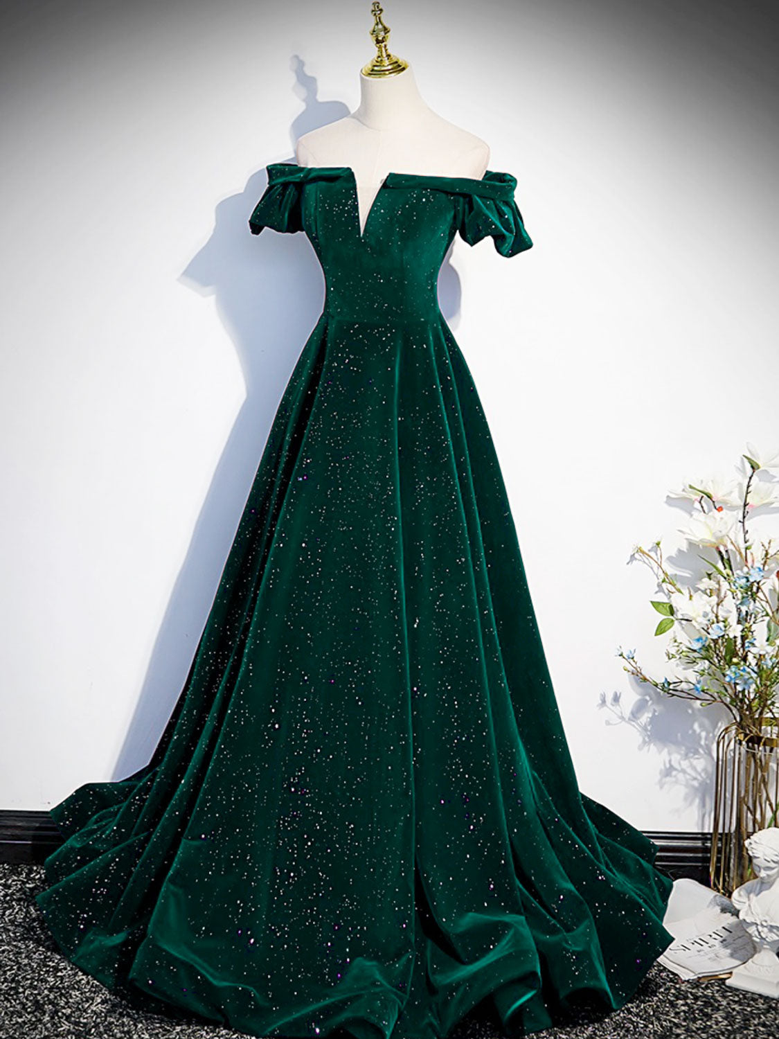 Classic Off the Shoulder Emerald Green Velvet Prom Dress Graduation Dress - DollyGown