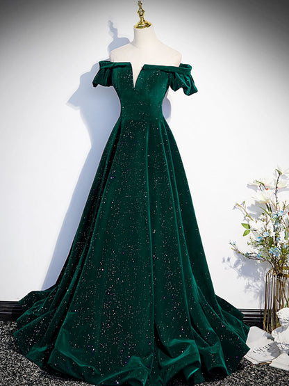 Classic Off the Shoulder Emerald Green Velvet Prom Dress Graduation Dress - DollyGown