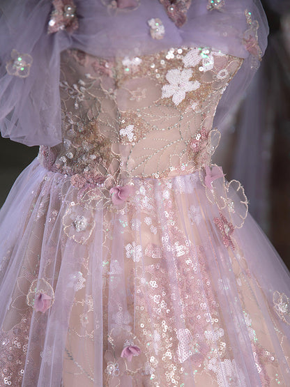 Delicate Floral Lace Off The Shoulder Ball Gown Illusion Prom Dress - DollyGown
