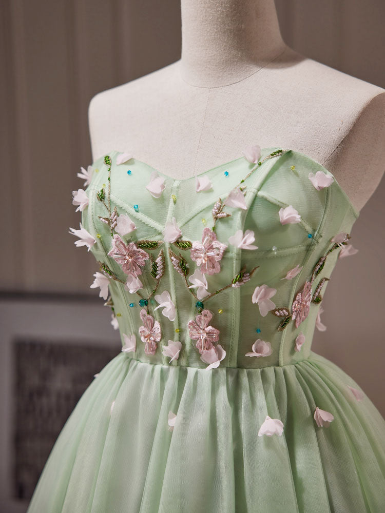 green floral homecoming dress Light Green Corset A Line Short Homecoming Dress with 3D Flowers