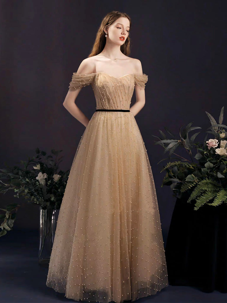 Off the Shoulder Illusion Champagne Prom Dress with Black Belt Off the Shoulder Illusion Champagne Prom Dress with Black Belt