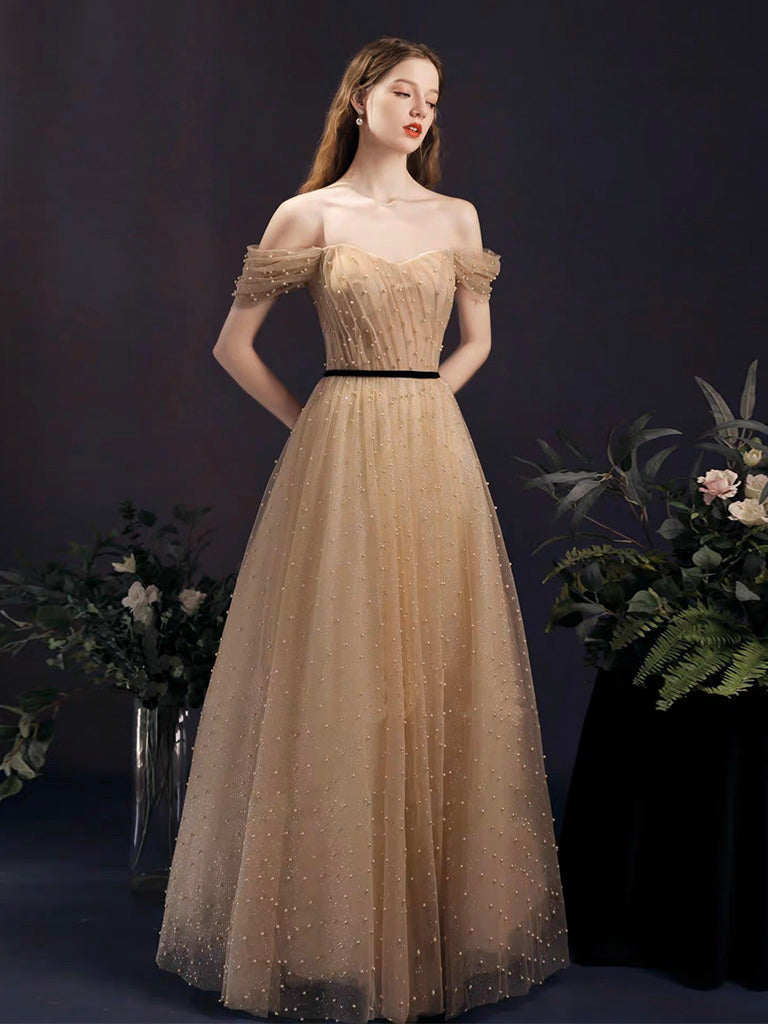 Off the Shoulder Illusion Champagne Prom Dress with Black Belt - DollyGown