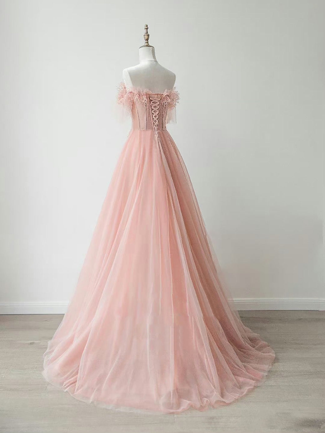 Peach Pink Strapless Tulle See Through Sheer Prom Dress Peach Pink Strapless Tulle See Through Sheer Prom Dress