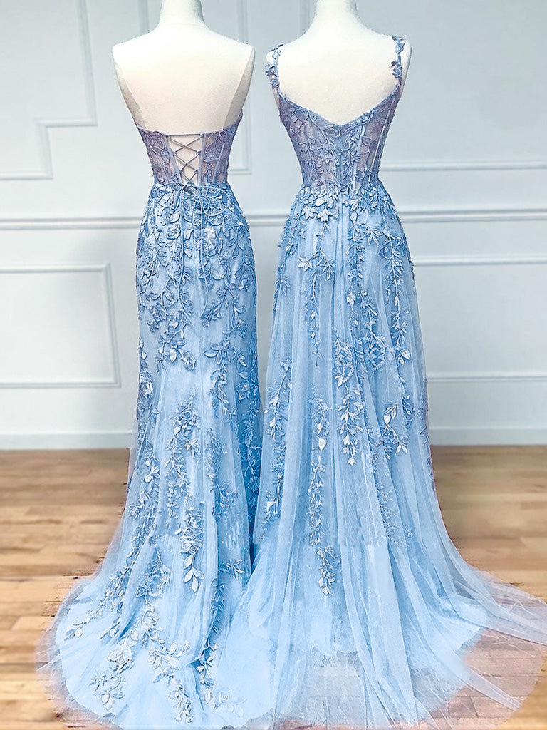 Dusty Blue See Through Sheer Lace Prom Dress - DollyGown