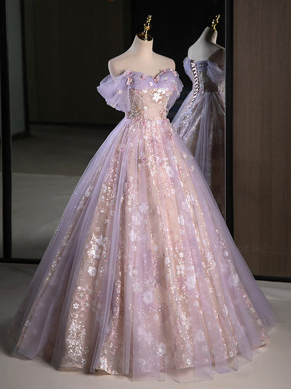 Delicate Floral Lace Off The Shoulder Ball Gown Illusion Prom Dress - DollyGown