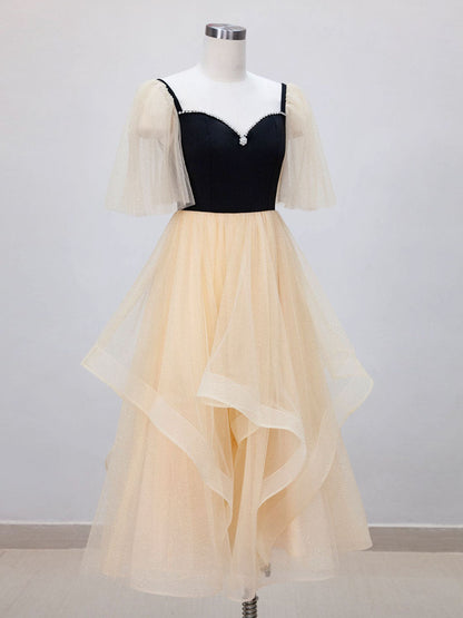 Black Top Champagne Bottom Tea Length Prom Dress - DollyGown