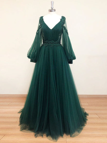 Emerald Green V-Neck Lace Tulle Formal Prom Dress with Long Sleeves - DollyGown
