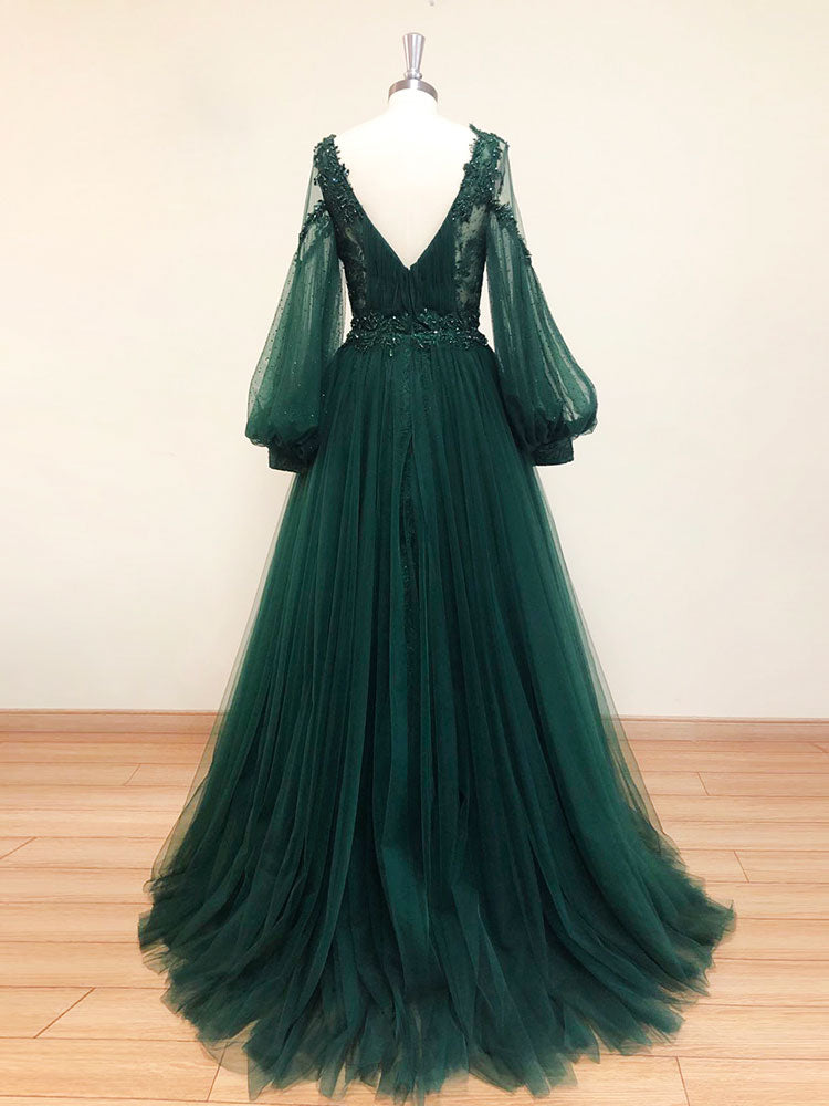 Emerald Green V-Neck Lace Tulle Formal Prom Dress with Long Sleeves Emerald Green V-Neck Lace Tulle Formal Prom Dress with Long Sleeves