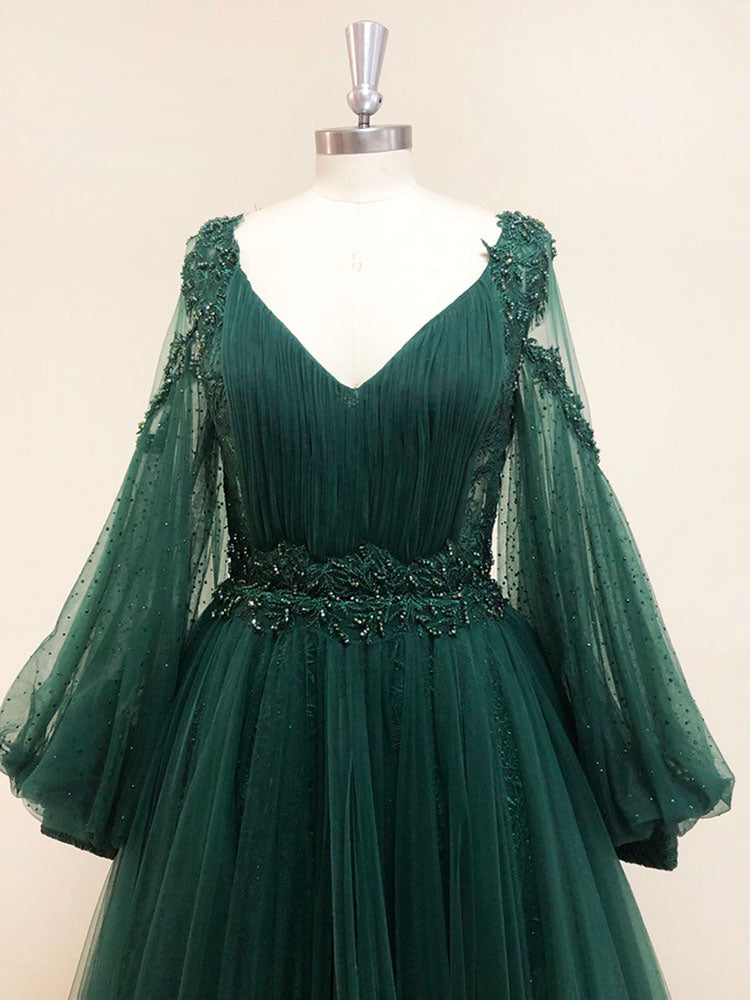Emerald Green V-Neck Lace Tulle Formal Prom Dress with Long Sleeves Emerald Green V-Neck Lace Tulle Formal Prom Dress with Long Sleeves