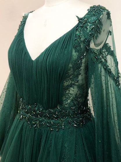 Emerald Green V-Neck Lace Tulle Formal Prom Dress with Long Sleeves - DollyGown