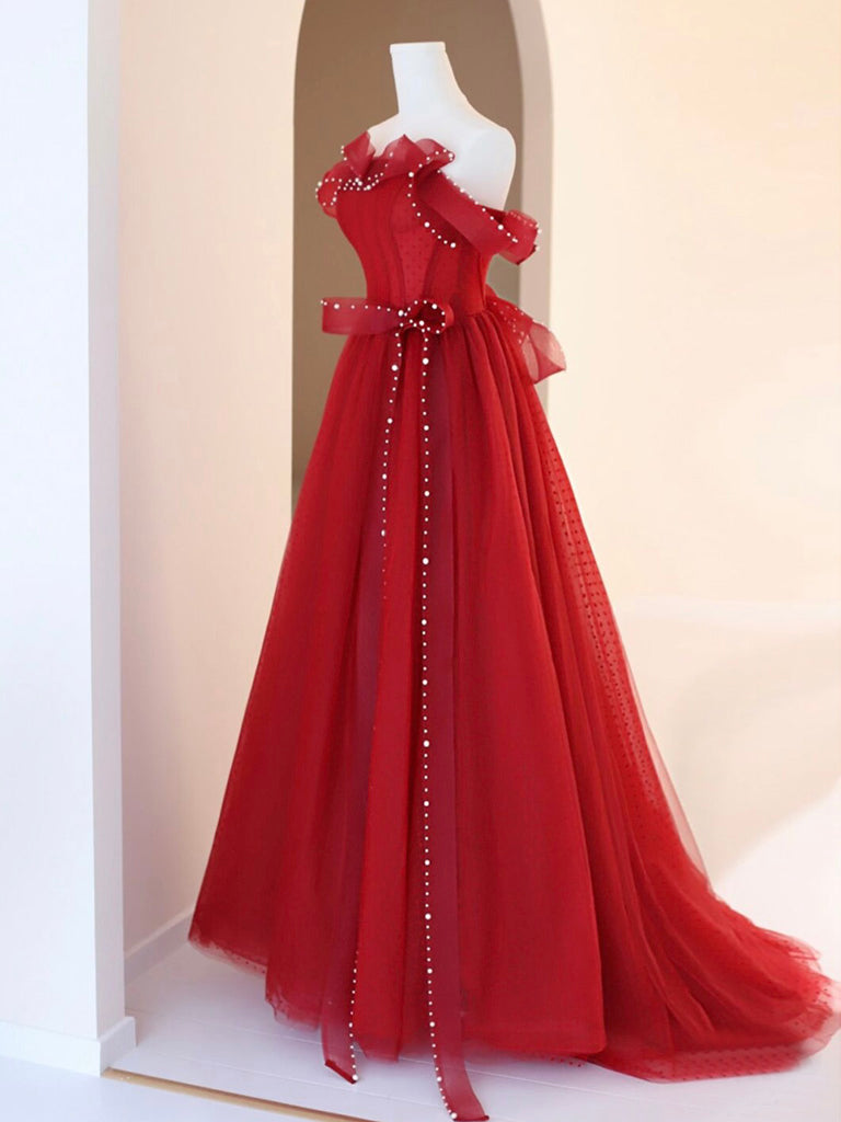 Off The Shoulder Tulle Red Prom Dress Graduation Dress