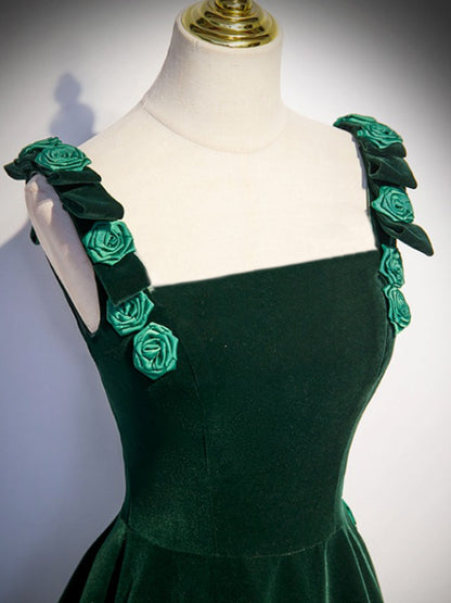 Emerald Green Velvet Rose Straps A-line Prom Dress - DollyGown