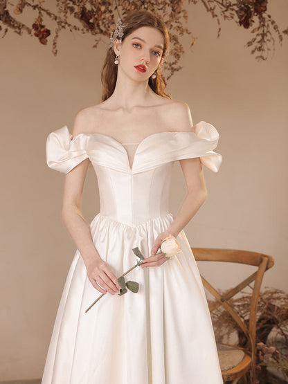 Princess Off The Shoulder Satin White Prom Dress Occasion Dress - DollyGown