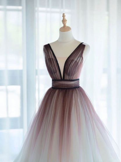 Plunge V Neck Tulle Romantic Formal Dress Ombre Prom Dress - DollyGown