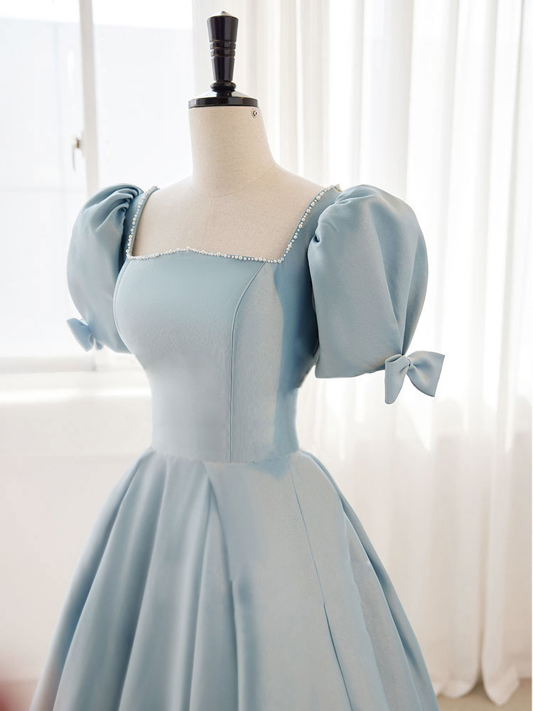 Dusty Blue Square Neck A-line Classic Formal Dress with Short Puffy Sleeves - DollyGown