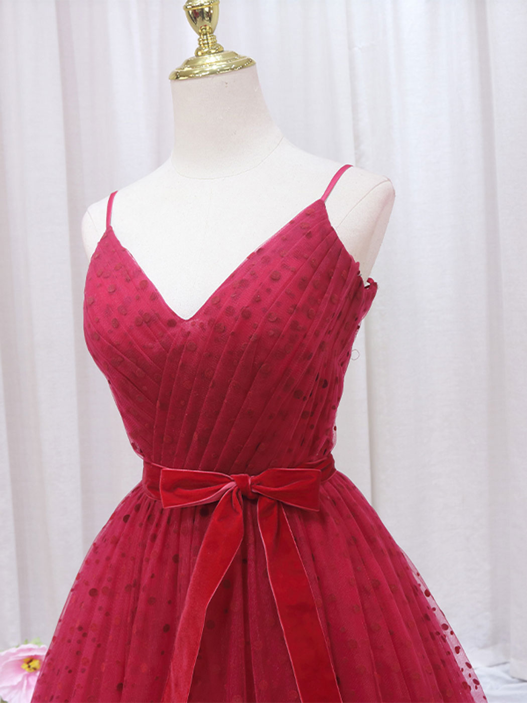red polka dot tulle dress Red Chic Polka Dot Tulle Long Sleeve Sweetheart with Bowknot Maxi Form