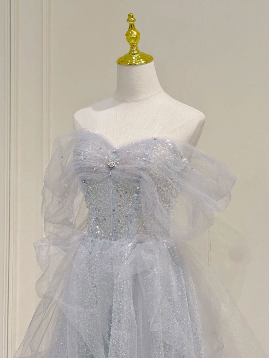 Flowy Light Grey Strapless Maxi Boho Prom Dress - DollyGown