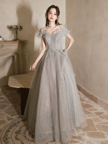 Sparkly Silver Grey A-line Maxi Off The Shoulder Prom Dress - DollyGown