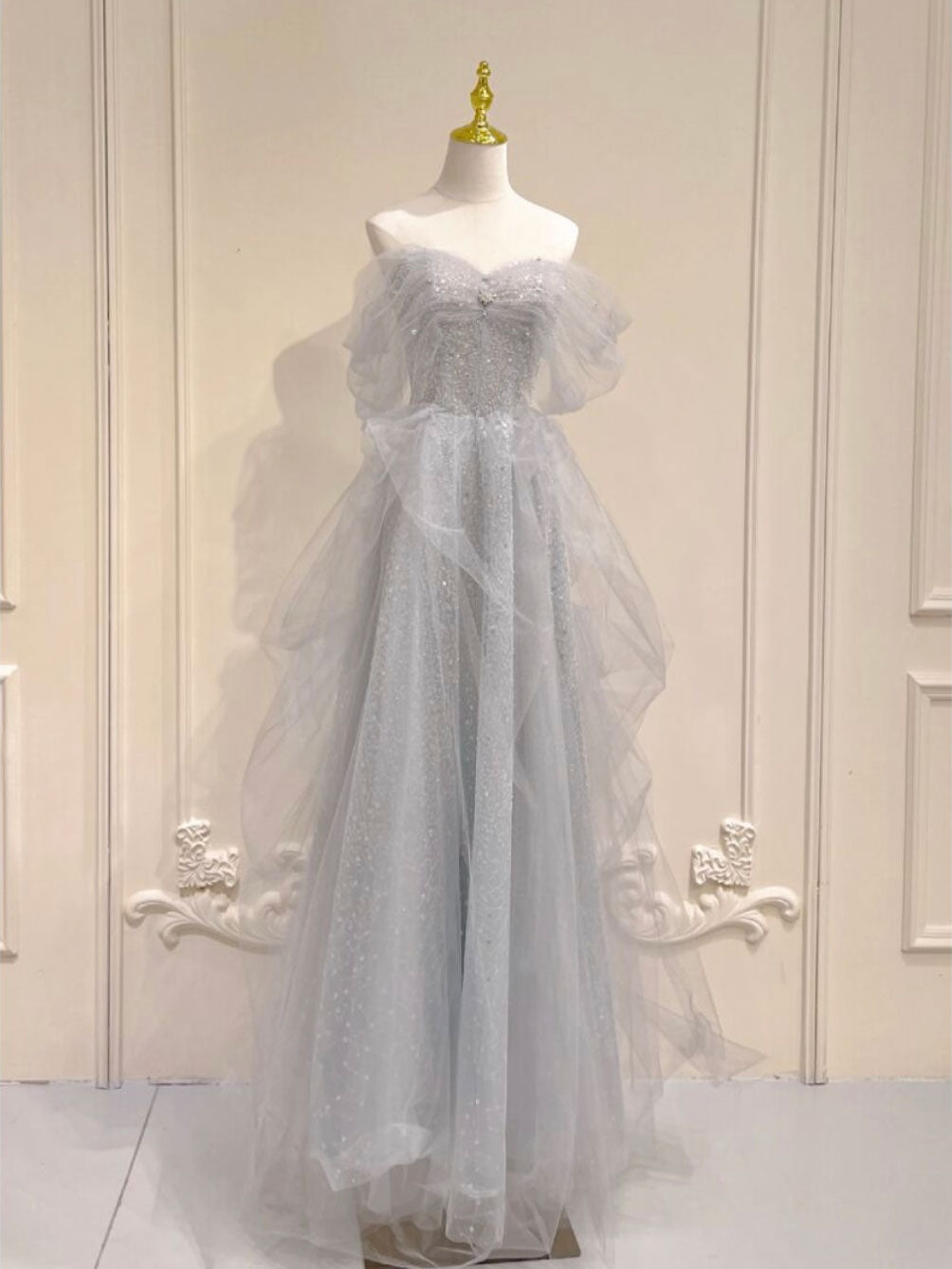 Flowy Light Grey Strapless Maxi Boho Prom Dress - DollyGown