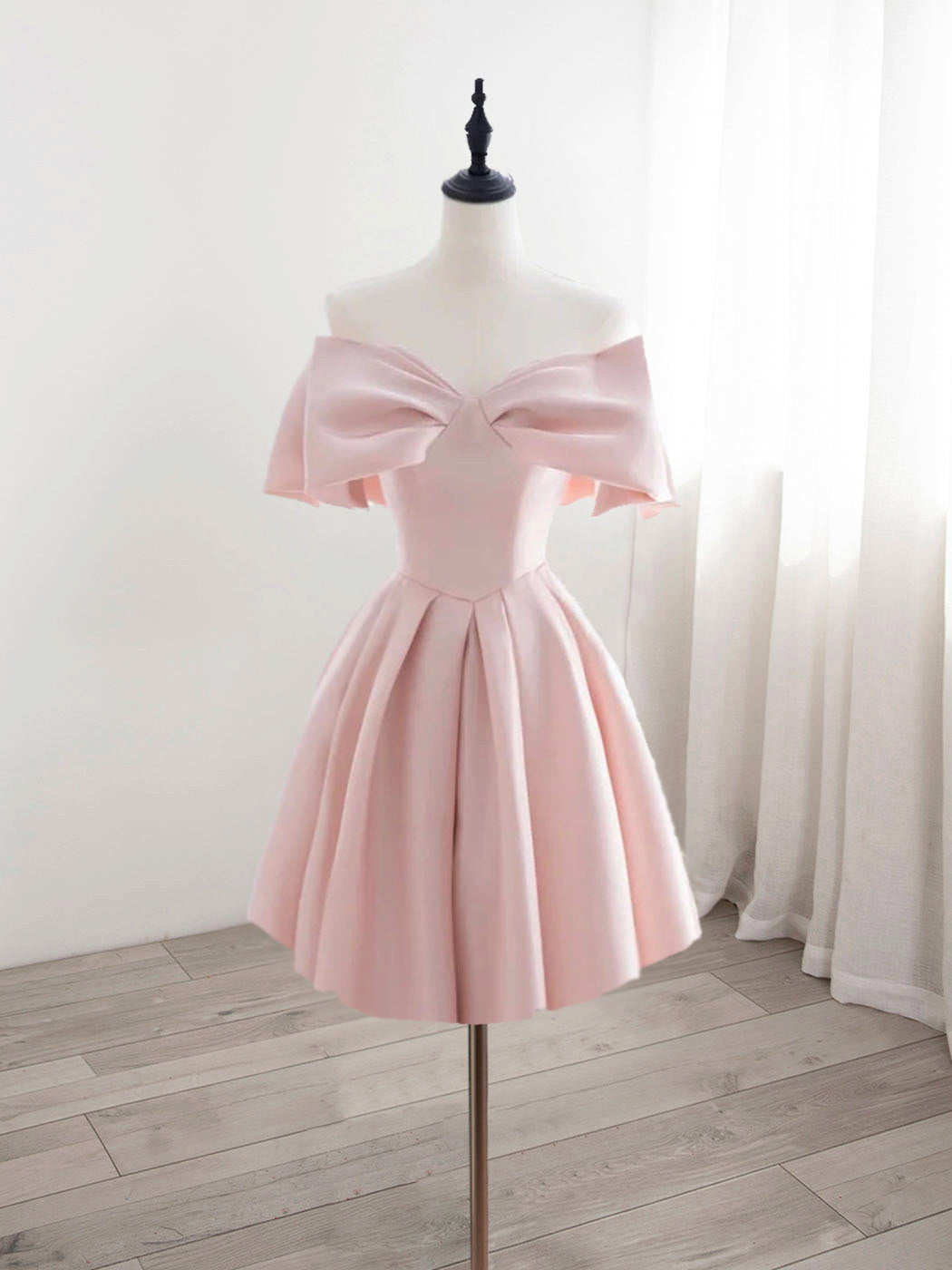 Adorable Pink Satin Short Homecoming Dress Graduation Dress with Big Bow Front - DollyGown