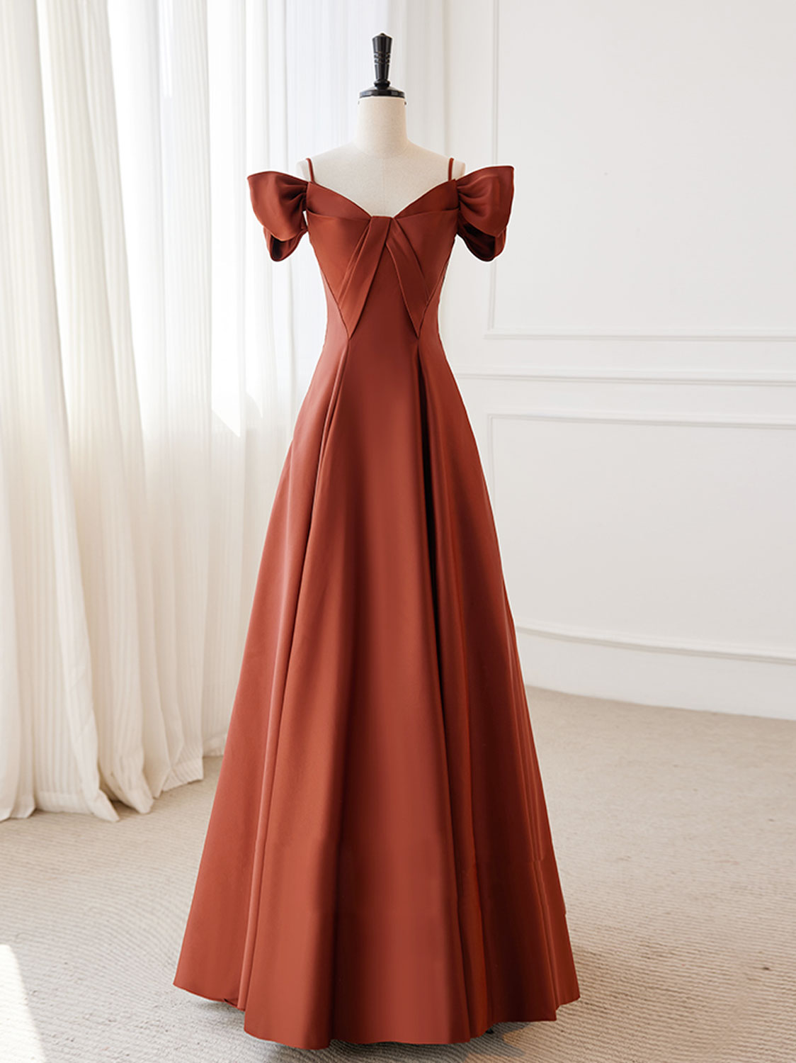 Orange Off The Shoulder A-line Long Evening Dress Prom Dress - DollyGown