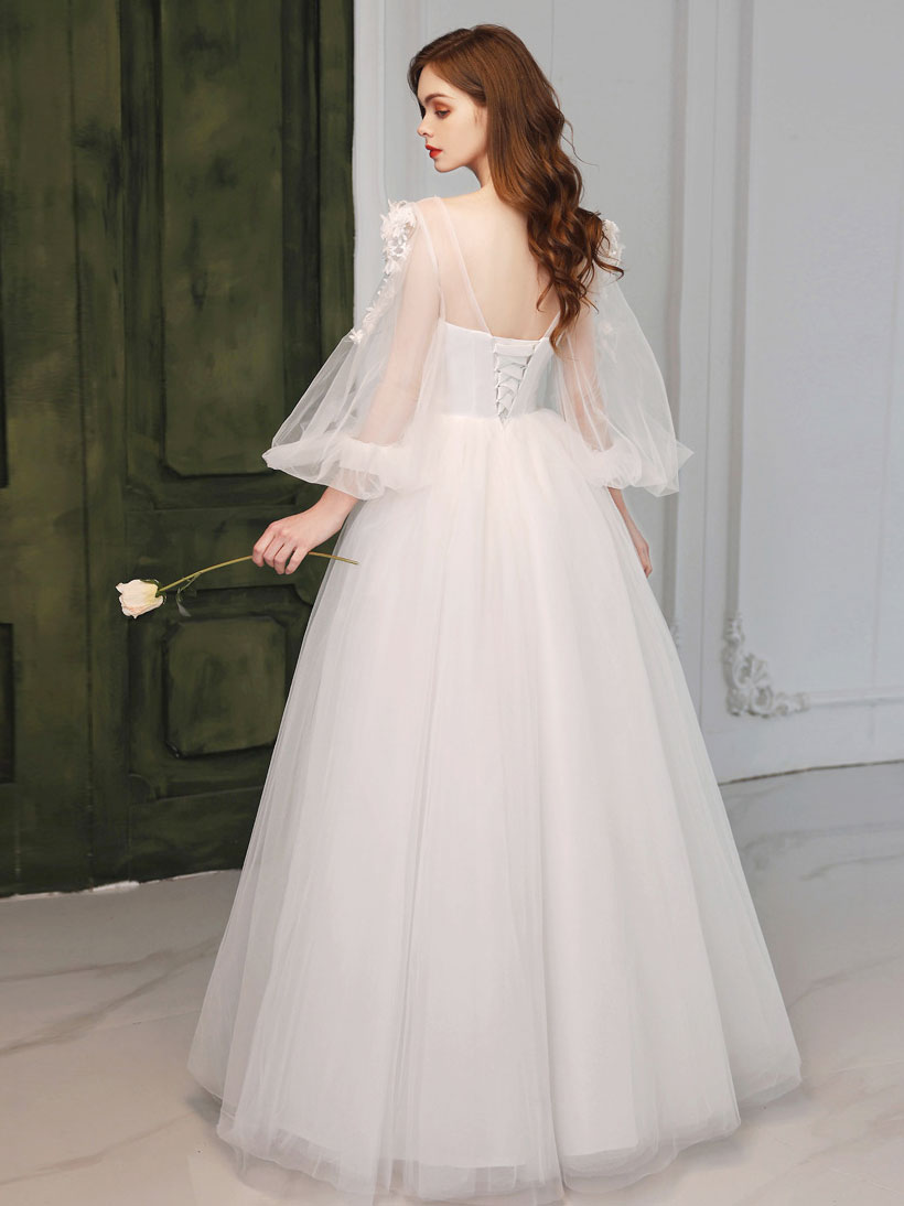 Illusion Princess 3/4 Sleeves White Tulle Formal Dress Maxi Prom Dress - DollyGown
