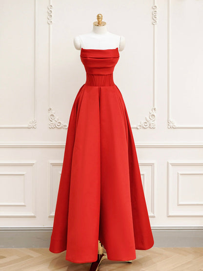 Simple Red Satin Maxi A-line Prom Dress - DollyGown