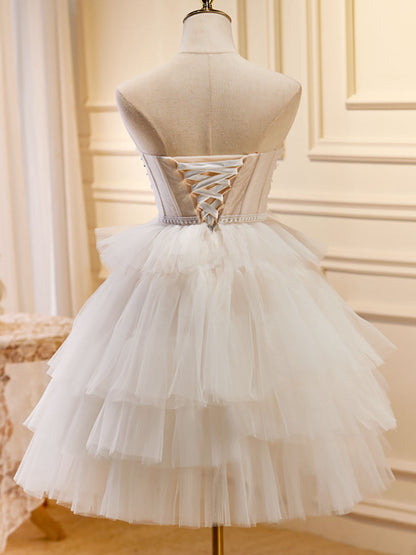 Cute Strapless Sheer Teried Tulle Party Dress Homecoming Dress - DollyGownCute White Strapless Sheer Teried Tulle Party Dress Homecoming Dress - DollyGown
