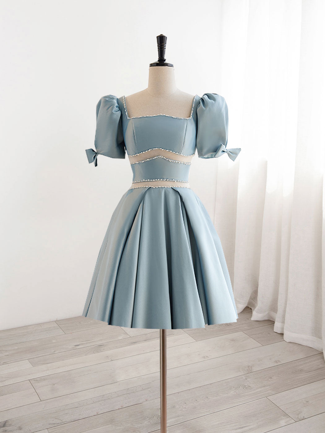 Cute Light Blue Satin Square Neck Short Formal Dress Homecoming Dress - DollyGown