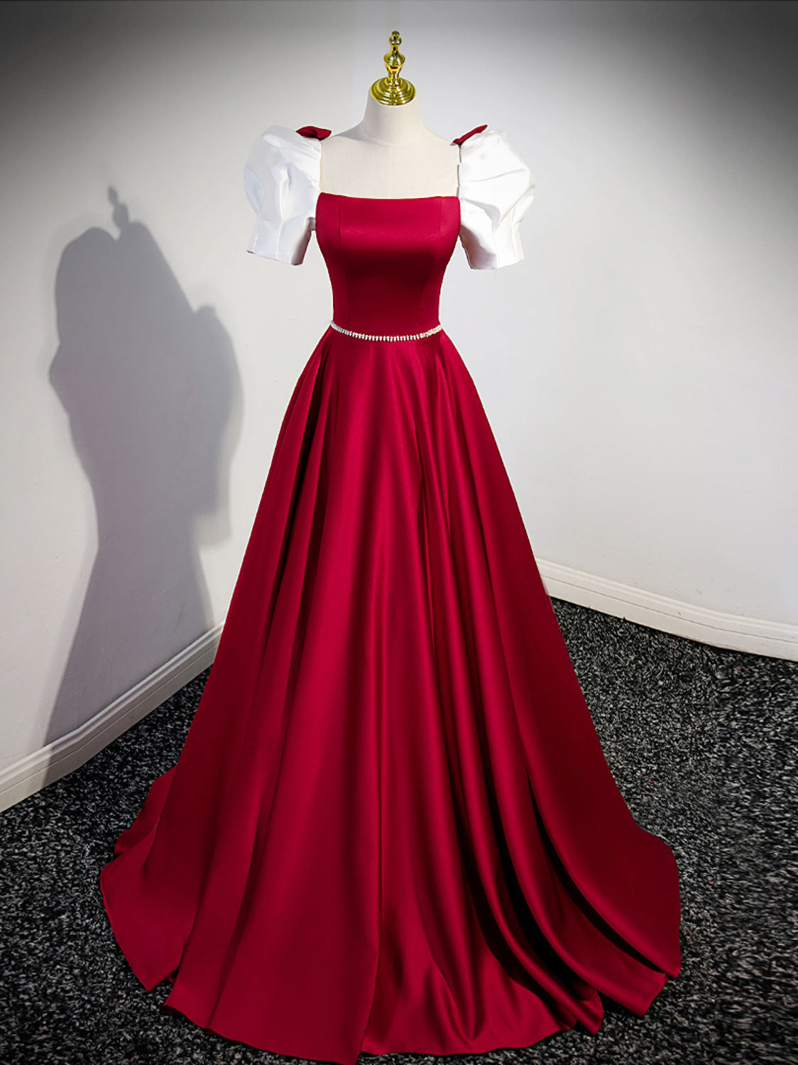 Red Satin Square Neck Prom Dress with White Short Sleeves - DollyGown