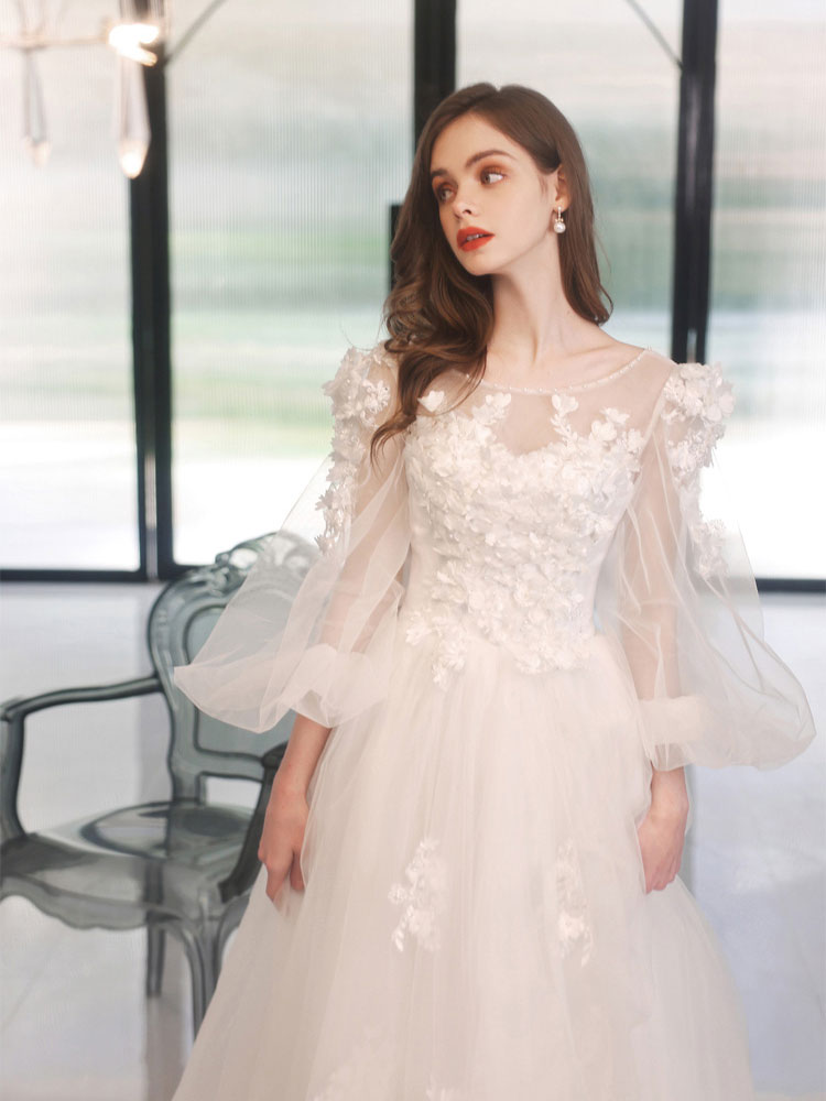 Illusion Princess 3/4 Sleeves White Tulle Formal Dress Maxi Prom Dress - DollyGown
