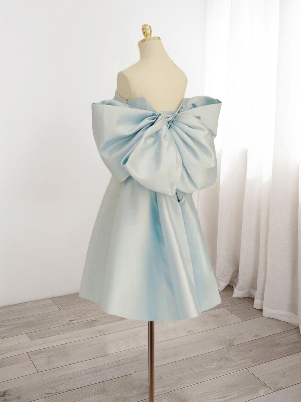 Strapless Light Blue Satin A-line Homecoming Dress with Bow - DollyGown