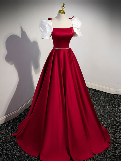 Red Satin Square Neck Prom Dress with White Short Sleeves - DollyGown