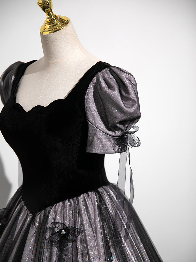 Drop Waist Black Long Ball Gown Prom Dress with Bubble Short Sleeves Drop Waist Black Long Ball Gown Prom Dress with Bubble Short Sleeves