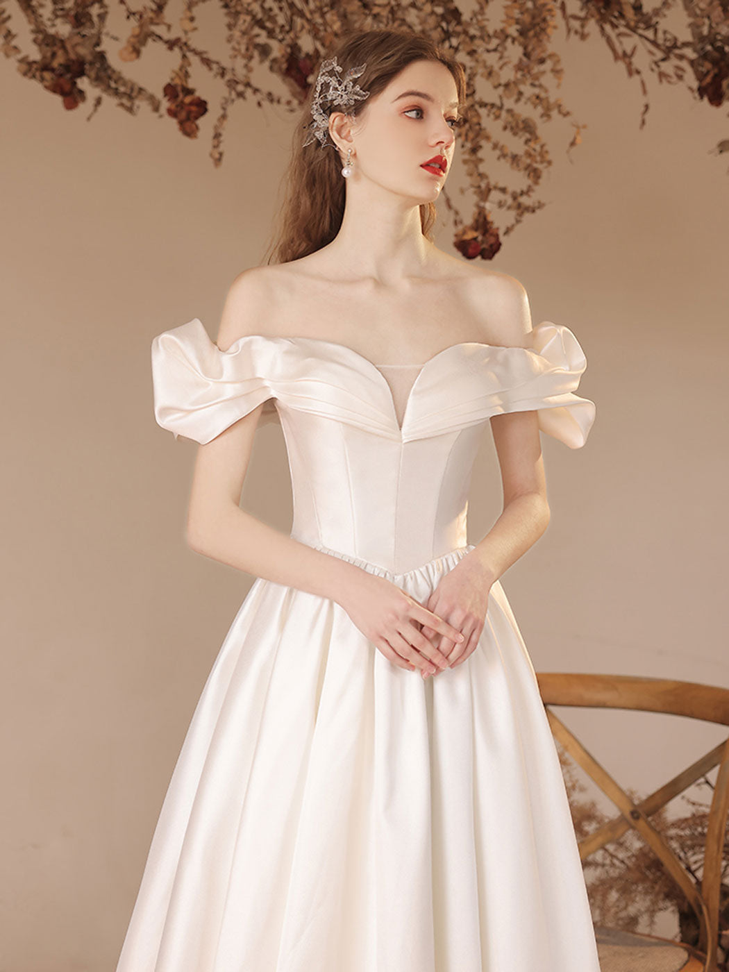 Princess Off The Shoulder Satin White Prom Dress Occasion Dress - DollyGown